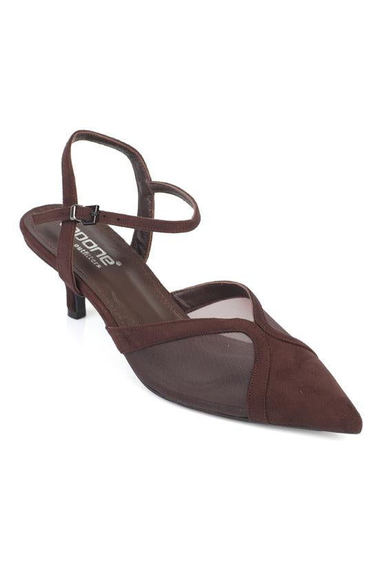Capone Kathryn Genuine Leather Lined Pointed Toe Mid Heel Mesh Suede Look Open Back Women Sued Beige Shoe