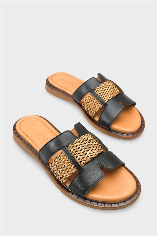Capone Kayla Genuine Leather Raffia Flat Heel Women Black Sandal