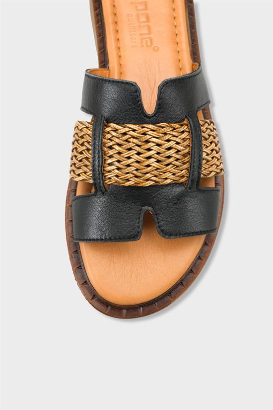 Capone Kayla Genuine Leather Raffia Flat Heel Women Black Sandal