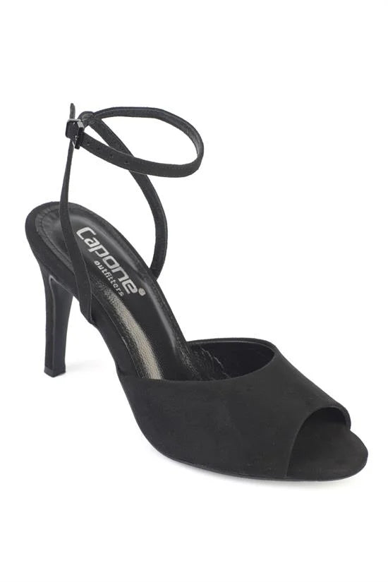 Capone Kenna Genuine Leather Lined Round Toe Mid Heel Ankle Strap Suede Look Women Sued Black Shoe