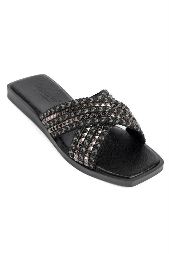 Capone Kyla Flat Heel Blunt Toe Metallic Cross Strap Women Black Sandals