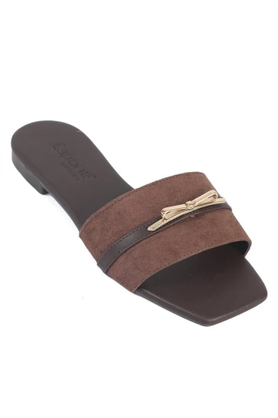 Capone Larina Square Toe Suede Look Single Band Flat Heel Women Sued Black Sandal