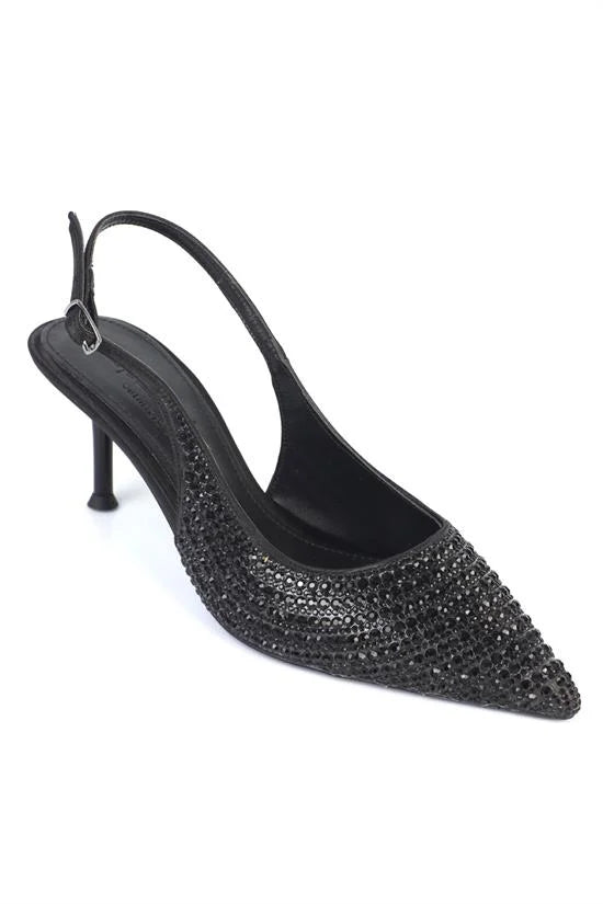 Capone Laryssa Fully Crystal Embellished Pointed Toe Satin Open Back Women Silver Wedding Heel Shoe