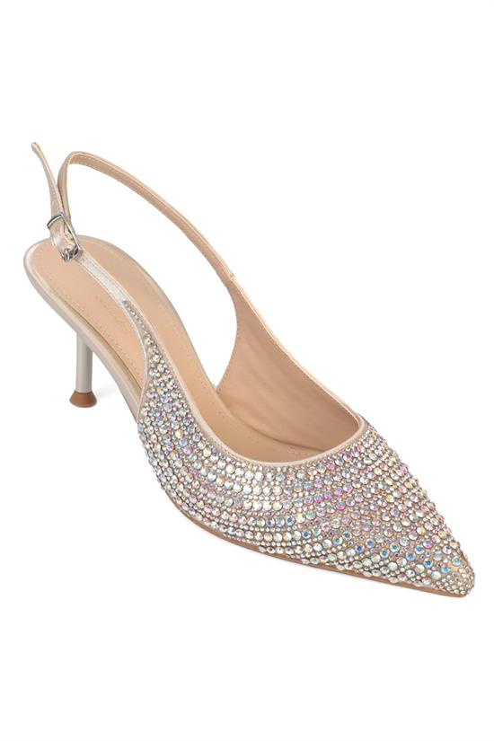Capone Laryssa Fully Crystal Embellished Pointed Toe Satin Open Back Women Silver Wedding Heel Shoe