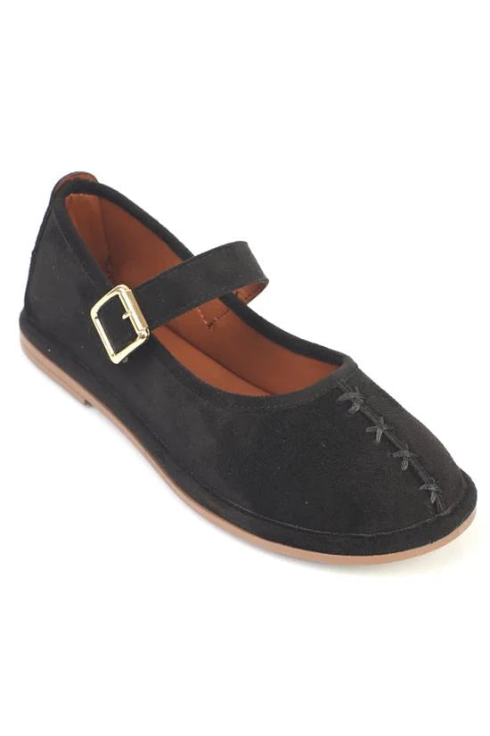 Capone Lauretta Suede Look Wrapped Edge Buckle Women Suede Black Ballet Flat