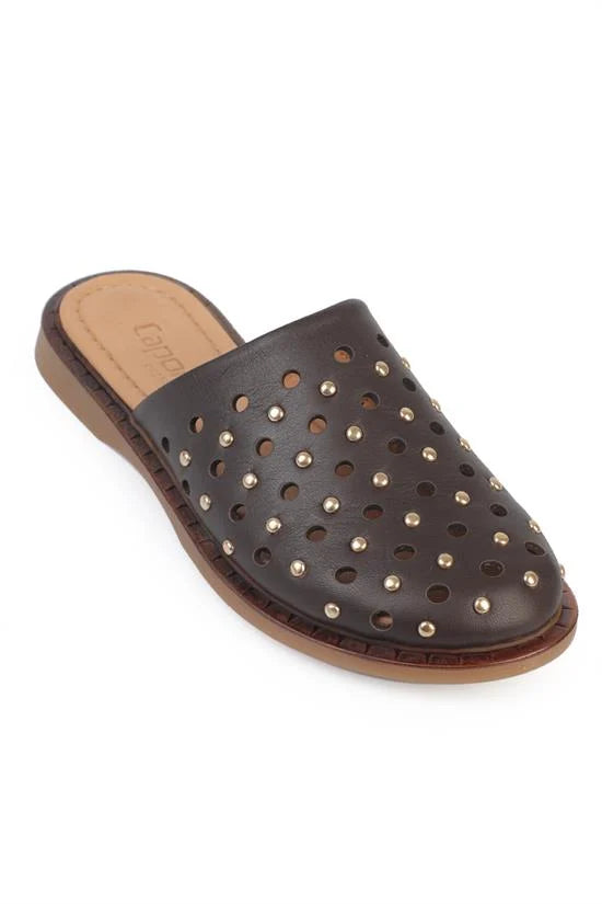 Capone Lidia Genuine Leather Flat Heel Studded Women Tan Clog