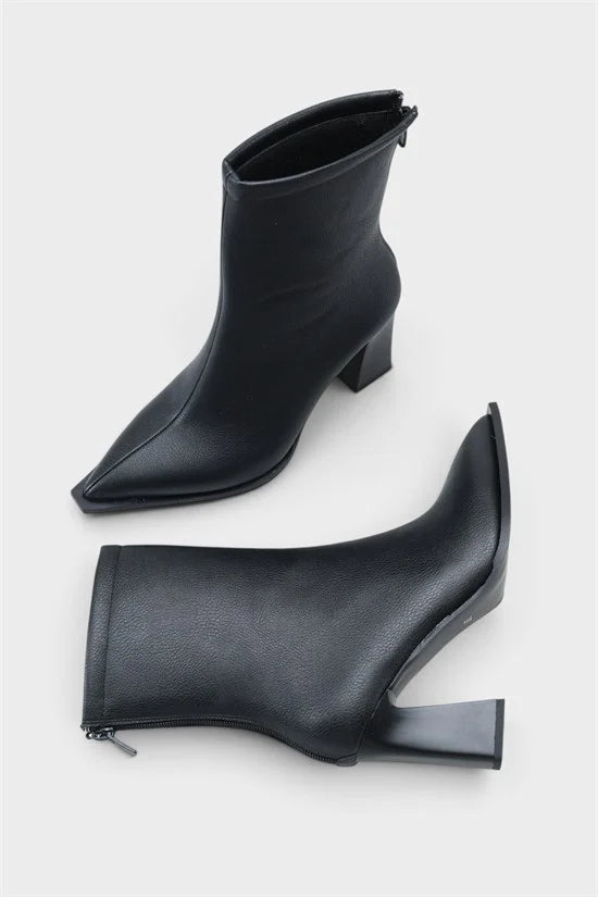 Capone Lizzie Pointed Toe Block Heel Back Zip Elegant Women Black Ankle Boot