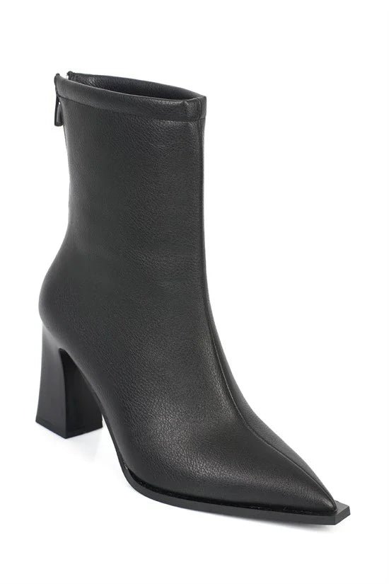 Capone Lizzie Pointed Toe Block Heel Back Zip Elegant Women Black Ankle Boot