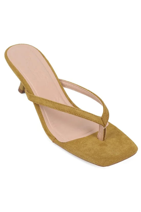 Capone Malory Slim Band Thong Square Toe Low Heel Women Sued Beige Sandal