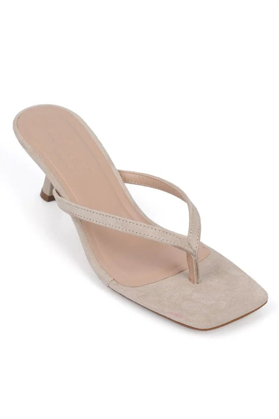 Capone Malory Slim Band Thong Square Toe Low Heel Women Sued Beige Sandal