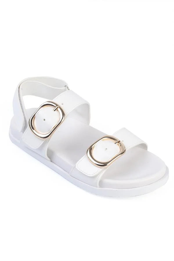 Capone Marie Double Metal Buckle Flat Heel Women White Sandals