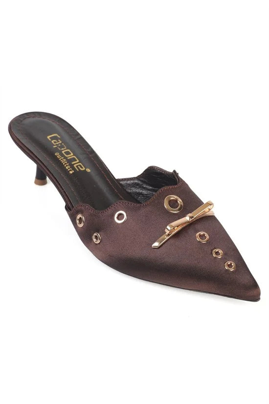 Capone Mariette Pointed Toe Satin Metal Accessory Genuine Leather Lined Mid Heel Women Khaki Sandal