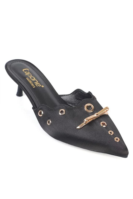Capone Mariette Pointed Toe Satin Metal Accessory Genuine Leather Lined Mid Heel Women Khaki Sandal