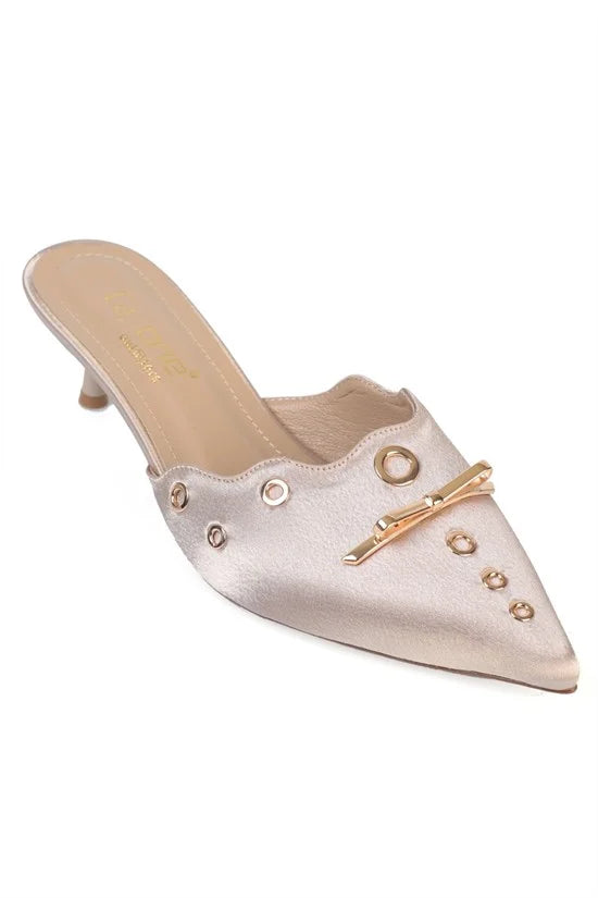 Capone Mariette Pointed Toe Satin Metal Accessory Genuine Leather Lined Mid Heel Women Khaki Sandal