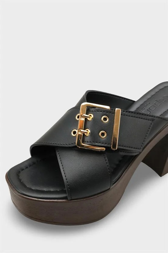 Capone Marlo Platform Cross Band Metal Buckle Women Black Sandal
