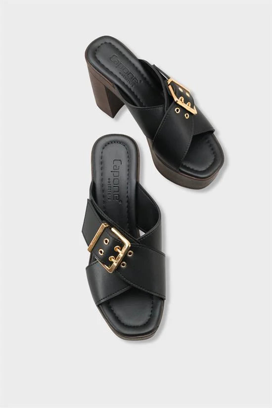 Capone Marlo Platform Cross Band Metal Buckle Women Black Sandal
