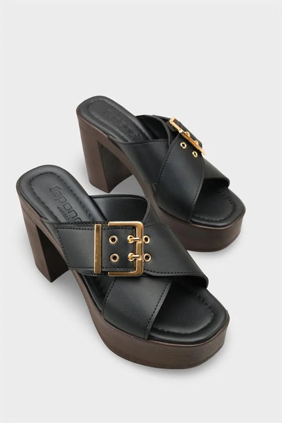 Capone Marlo Platform Cross Band Metal Buckle Women Black Sandal