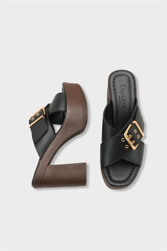 Capone Marlo Platform Cross Band Metal Buckle Women Black Sandal