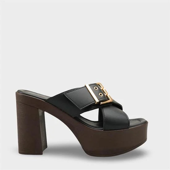 Capone Marlo Platform Cross Band Metal Buckle Women Black Sandal