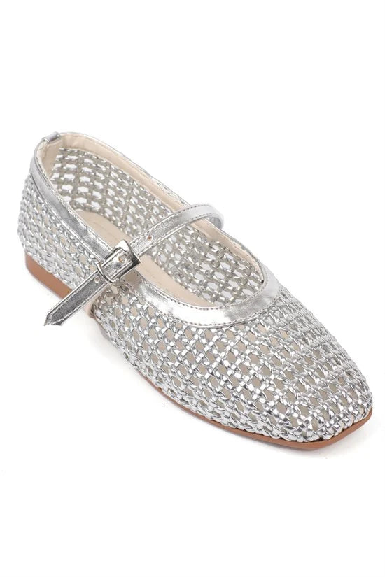 Capone Marnia Buckle Strap Square Toe Raffia Look Women Black Ballet Flat