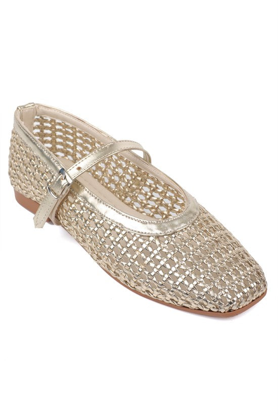 Capone Marnia Buckle Strap Square Toe Raffia Look Women Black Ballet Flat