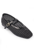 Capone Marnia Buckle Strap Square Toe Raffia Look Women Black Ballet Flat