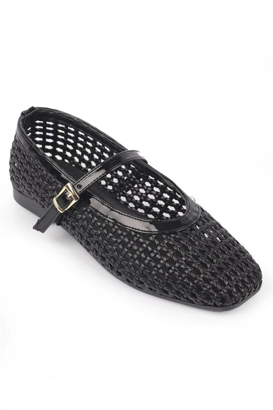 Capone Marnia Buckle Strap Square Toe Raffia Look Women Black Ballet Flat