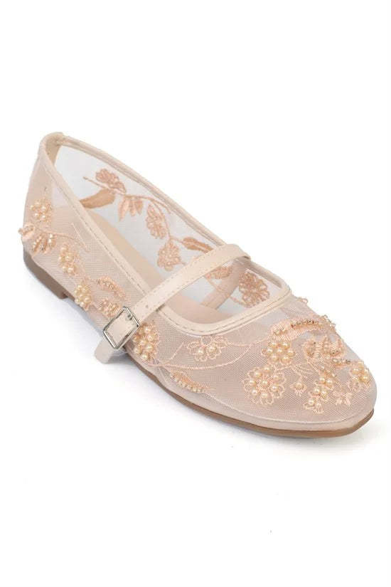 Capone Mathilde Lace Mesh Embroidered Women White Ballet Flat