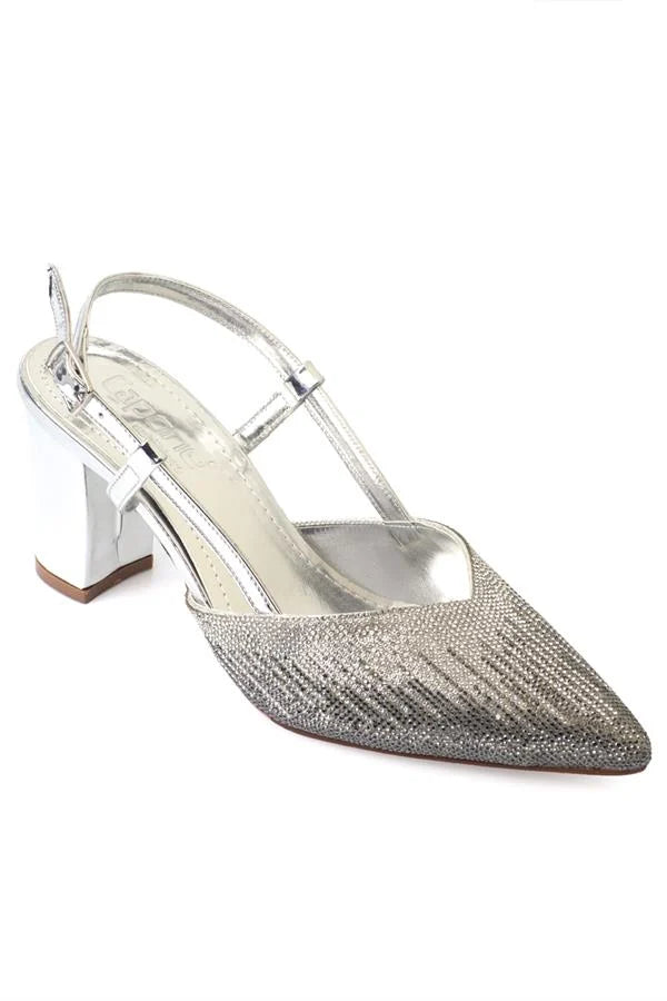 Capone Nova Medium Heel Pointed Toe Crystal Embellished Women Silver Stylish Shoes