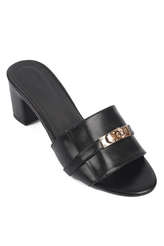 Capone Melinde Mid Heel Metal Buckle Single Band Women Black Sandal