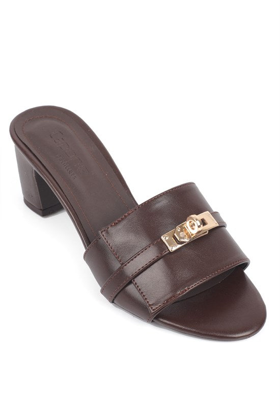 Capone Melinde Mid Heel Metal Buckle Single Band Women Black Sandal