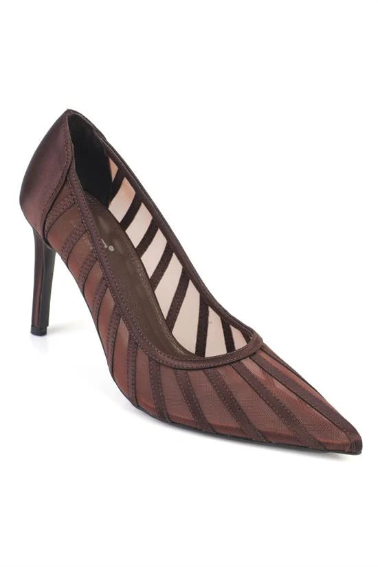 Capone Micheline Genuine Leather Lined Pointed Toe Mid Heel Mesh Satin Women Satin Black Shoe