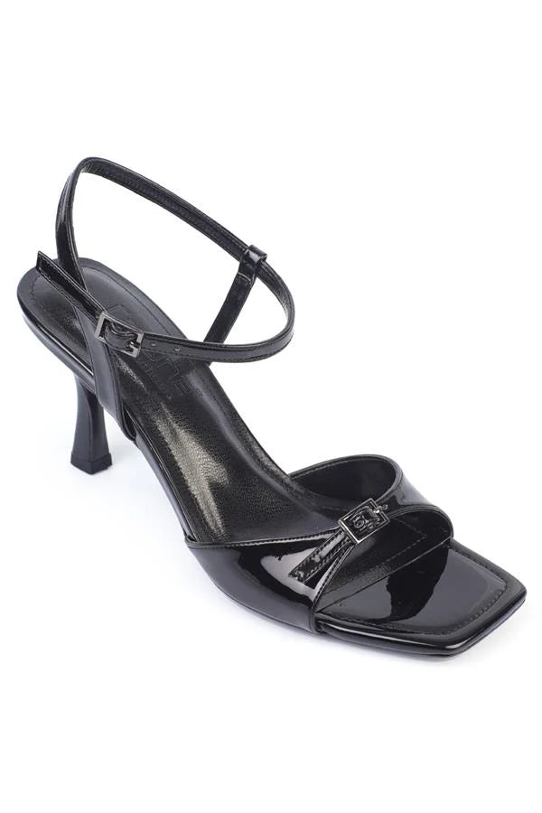 Capone Dale Mid Heel Ankle Strap Buckled Women Patent Black Sandals