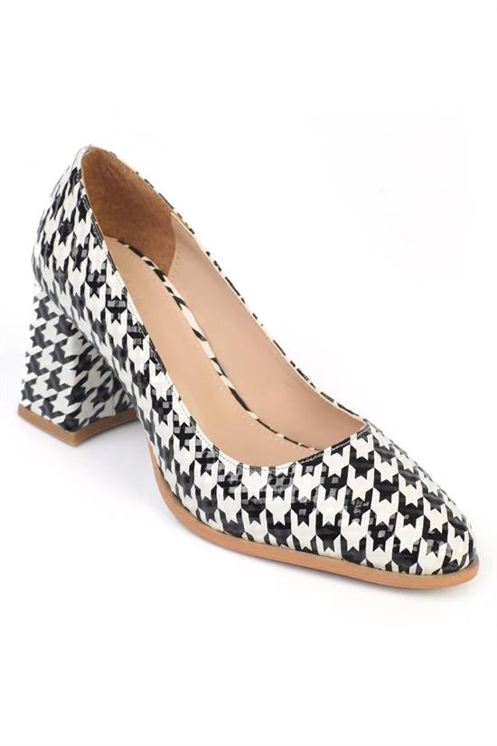 Capone Penni Round Toe Mid Heel Casual Women Houndstooth Heel Shoe