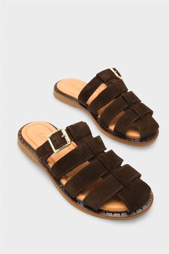 Capone Missy Genuine Suede Gladiator Flat Heel Women Brown Clog