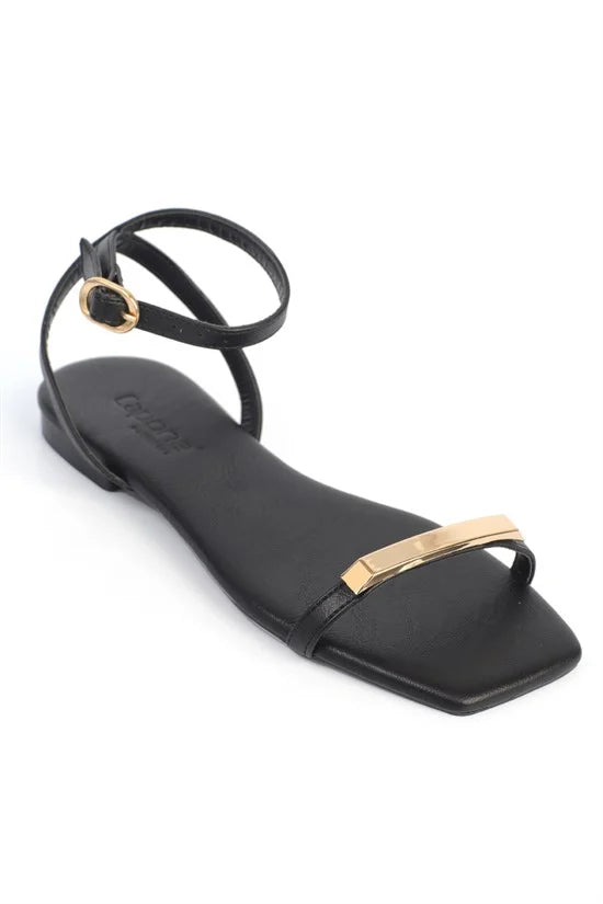 Capone Nadean Square Toe Metal Single Band Flat Heel Women Brown Sandal
