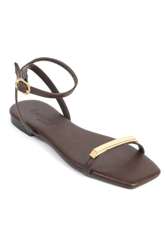 Capone Nadean Square Toe Metal Single Band Flat Heel Women Brown Sandal