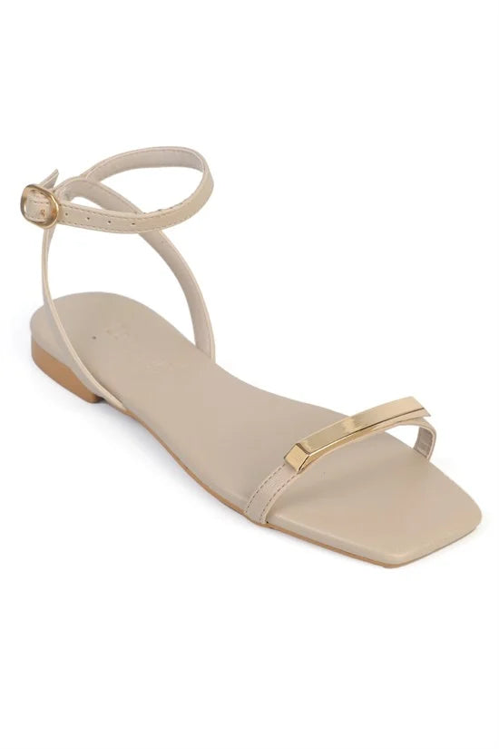 Capone Nadean Square Toe Metal Single Band Flat Heel Women Brown Sandal