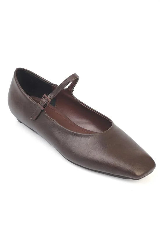 Capone Nickie Buckle Strap Square Toe Flat Heel Casual Women Patent Burgundy Ballet Flat
