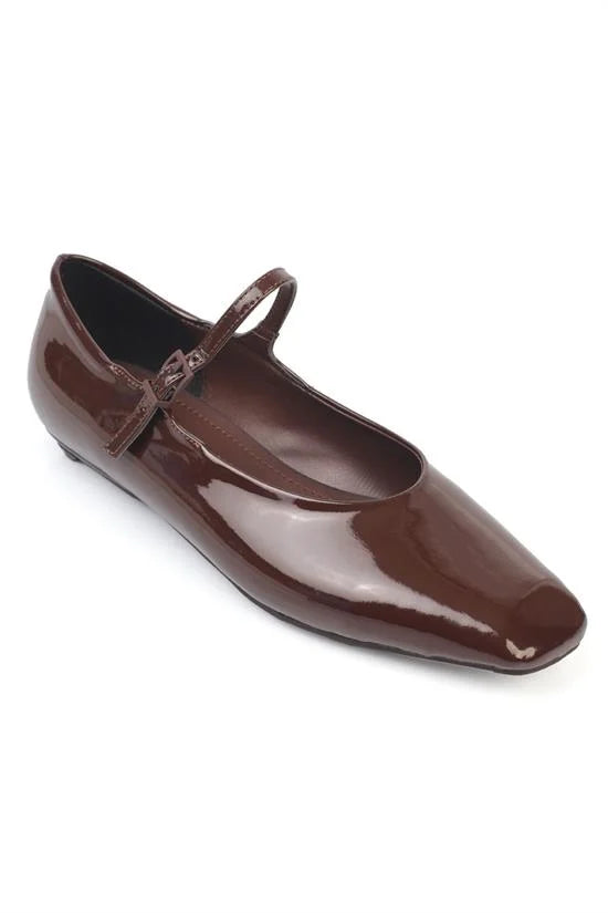 Capone Nickie Buckle Strap Square Toe Flat Heel Casual Women Patent Burgundy Ballet Flat