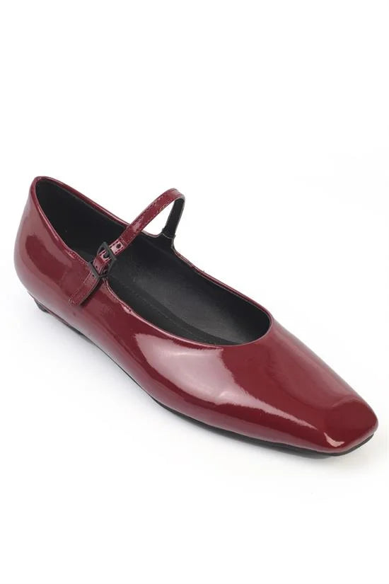 Capone Nickie Buckle Strap Square Toe Flat Heel Casual Women Patent Burgundy Ballet Flat