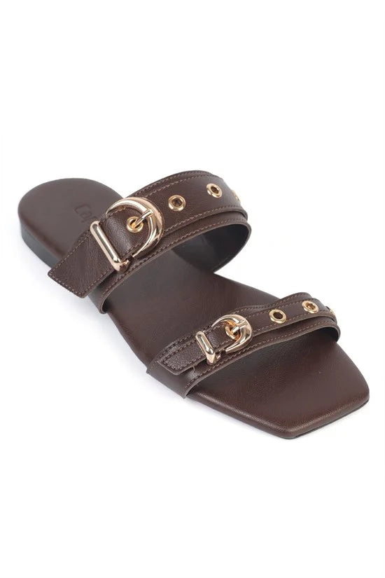 Capone Niki Square Toe Metal Double Buckle Flat Heel Women Beige Sandal