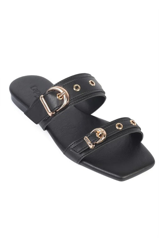 Capone Niki Square Toe Metal Double Buckle Flat Heel Women Beige Sandal