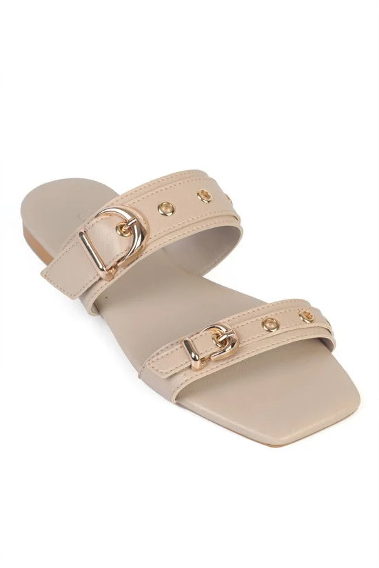 Capone Niki Square Toe Metal Double Buckle Flat Heel Women Beige Sandal
