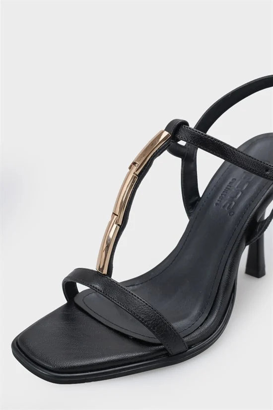 Capone Nikkie Square Toe Metal Single Band Mid Heel Ankle Strap Women Black Shoe