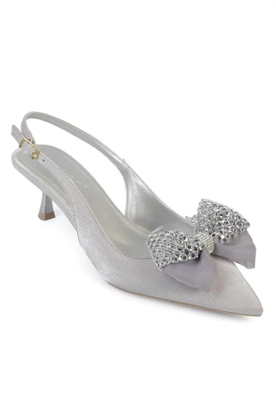 Capone Nikolia Crystal Embellished Bow Detail Pointed Toe Satin Mid Heel Women Beige Shoe