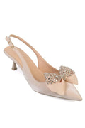 Capone Nikolia Crystal Embellished Bow Detail Pointed Toe Satin Mid Heel Ženske Cipele Bež