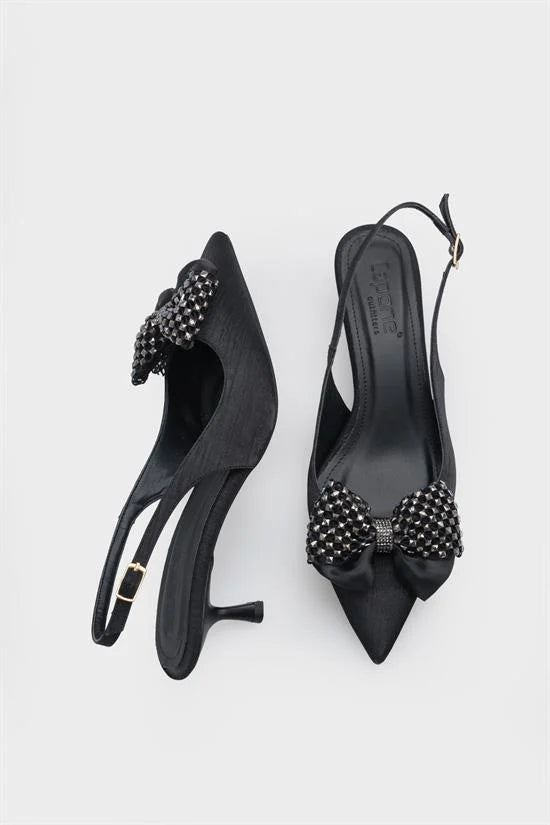 Capone Nikolia Crystal Embellished Bow Detail Pointed Toe Satin Mid Heel Ženske Cipele Bež