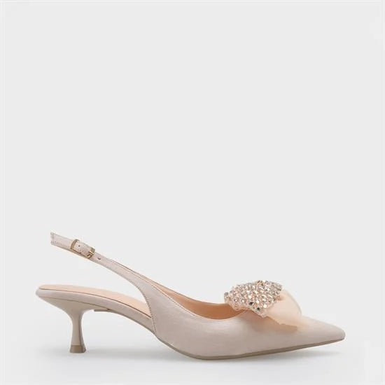 Capone Nikolia Crystal Embellished Bow Detail Pointed Toe Satin Mid Heel Women Beige Shoe