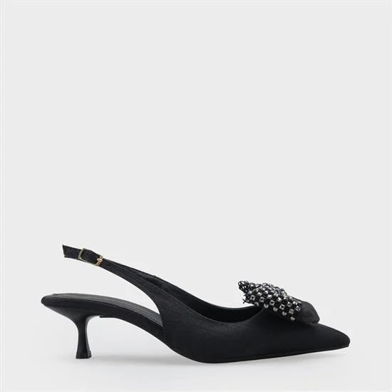 Capone Nikolia Crystal Embellished Bow Detail Pointed Toe Satin Mid Heel Ženske Cipele Bež